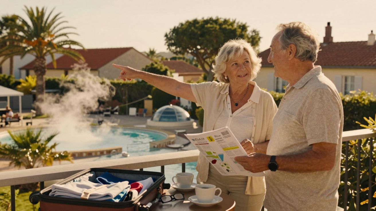 Couple senior discutant sur une terrasse avec valise ouverte, piscine et maisons en arrière-plan.