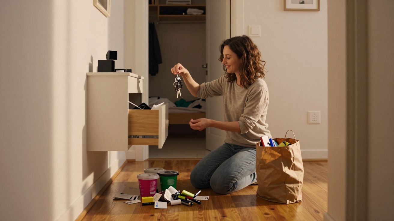 Femme souriante à genoux rangeant des clés dans un tiroir avec des objets et un sac en papier sur le sol en bois.