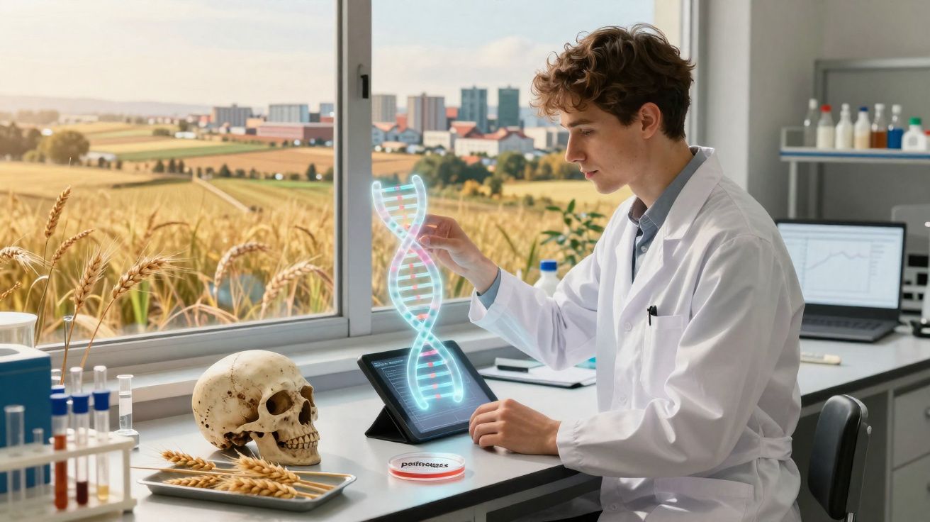 Jeune scientifique en blouse blanche examinant une double hélice d’ADN holographique près d’un crâne en laboratoire.