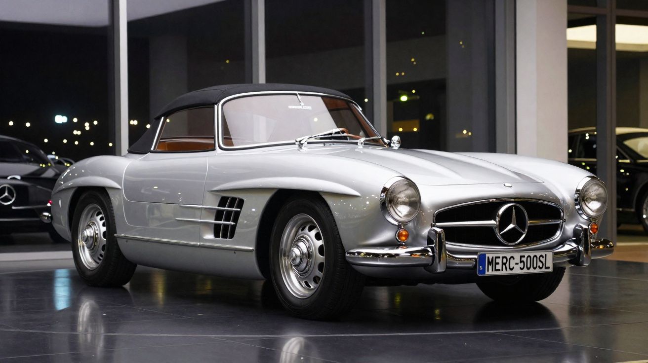 Voiture de collection Mercedes-Benz 300SL cabriolet argent avec toit noir exposée en intérieur.