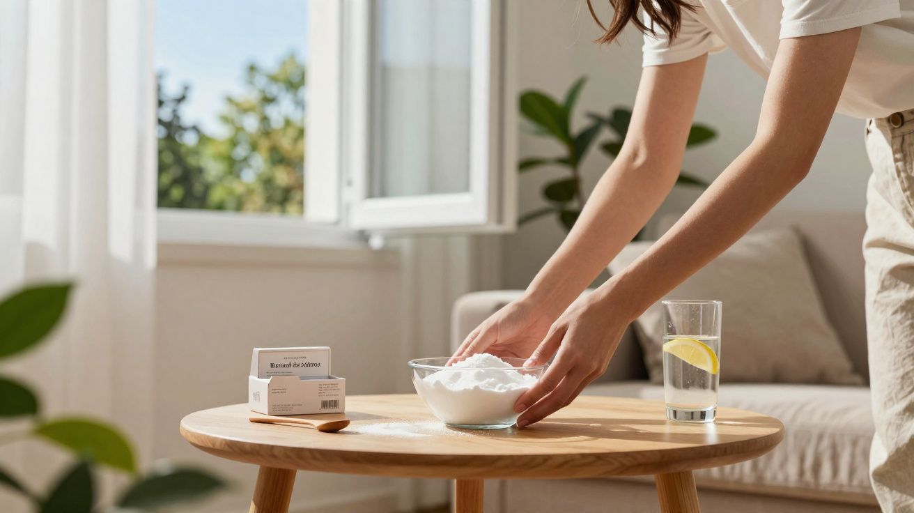 Personne déposant un bol de bicarbonate de soude sur une table en bois près d'une fenêtre ouverte.