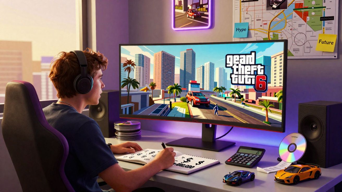 Jeune homme jouant à Grand Theft Auto 6 sur un écran ultra-large dans une pièce avec des voitures miniatures.