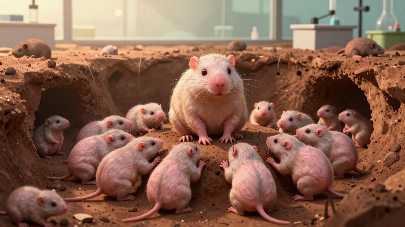 Un groupe de rats blancs entourant un rat plus grand assis au centre d'un terrier en laboratoire.