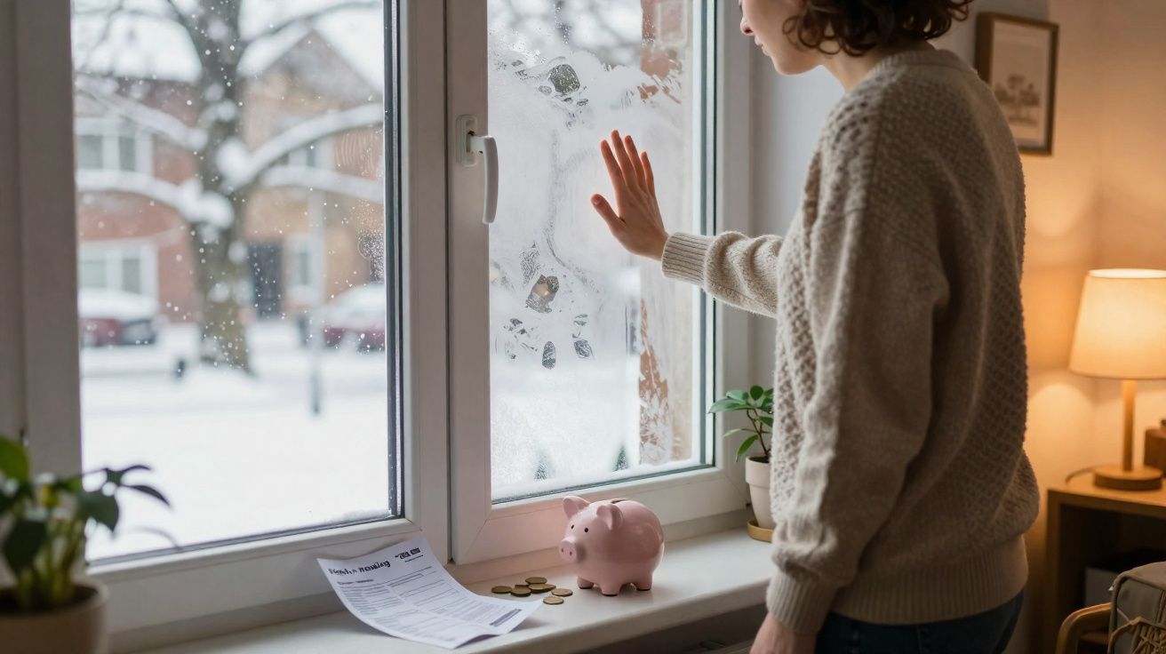 Femme en pull beige regardant par la fenêtre givrée avec tirelire cochon et pièces sur le rebord.