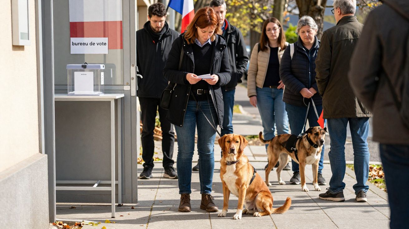 Des personnes faisant la queue devant un bureau de vote, dont une femme avec un chien assis à ses côtés.