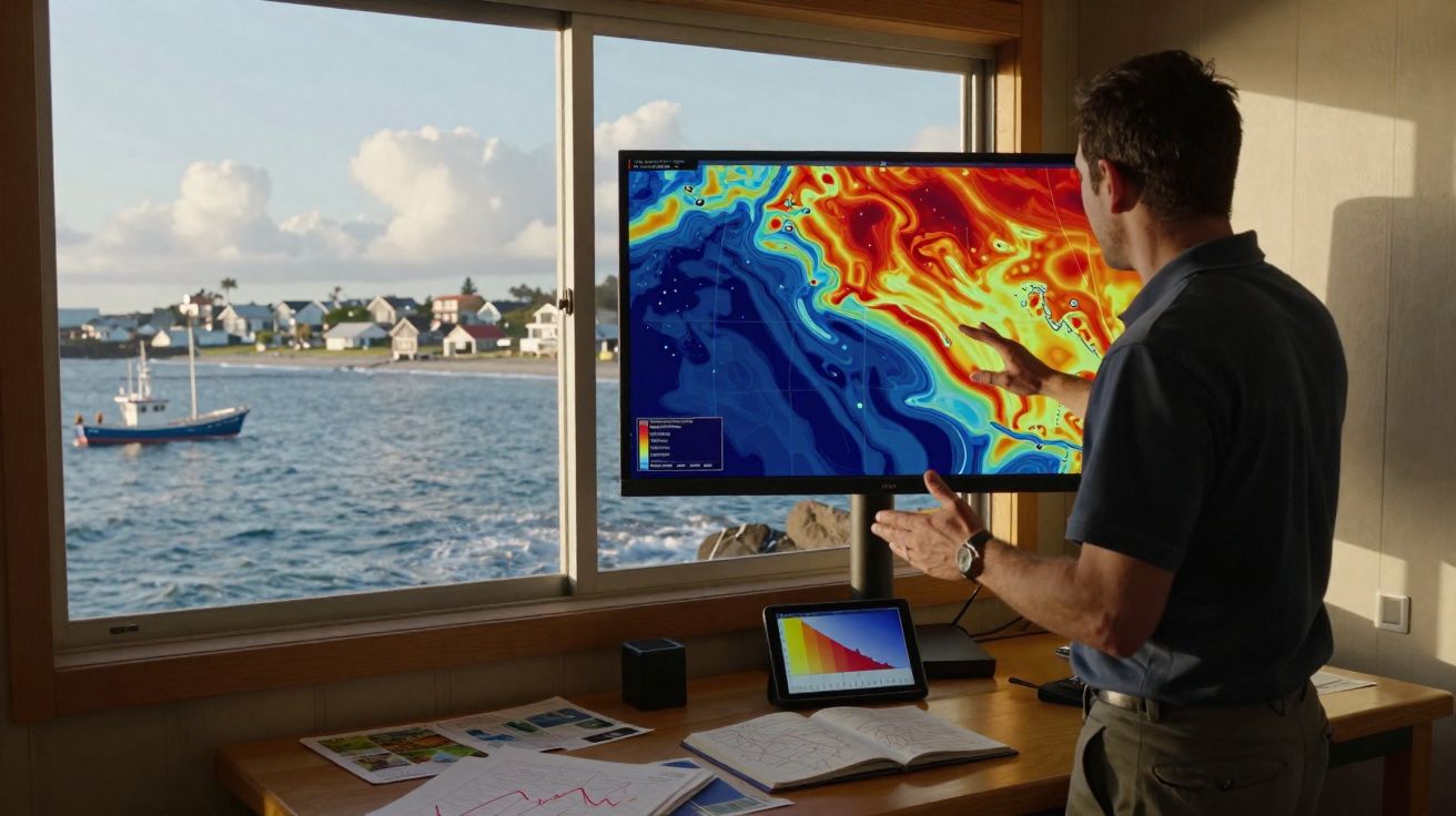 Homme analysant une carte océanographique colorée sur un écran, avec vue sur la mer depuis une fenêtre.