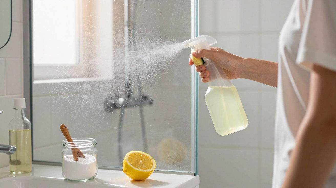 Une personne pulvérise un nettoyant maison sur une paroi de douche en verre dans une salle de bain.