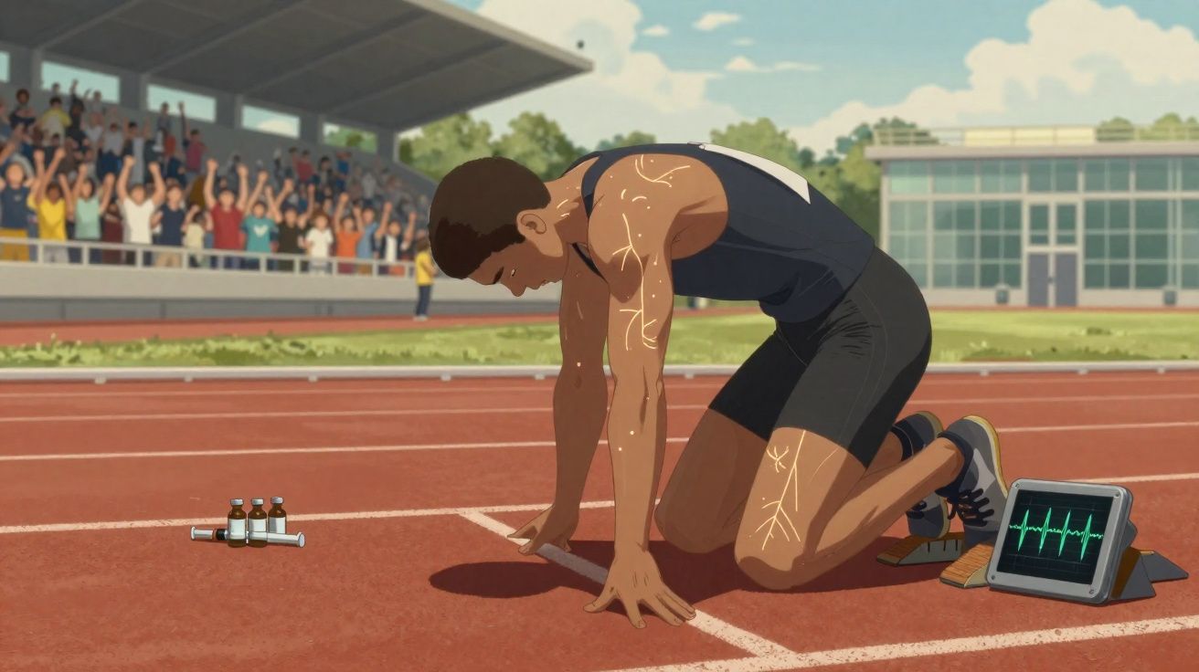 Coureur à genoux sur piste, essoufflé, avec électrocardiogramme et seringue à côté, public en arrière-plan.