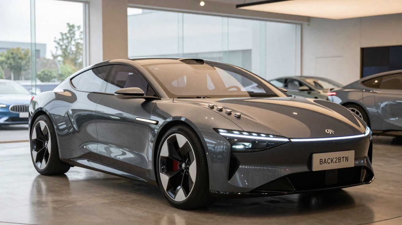 Voiture électrique sportive grise brillant dans un showroom moderne avec plusieurs autres véhicules visibles en arrière-plan.