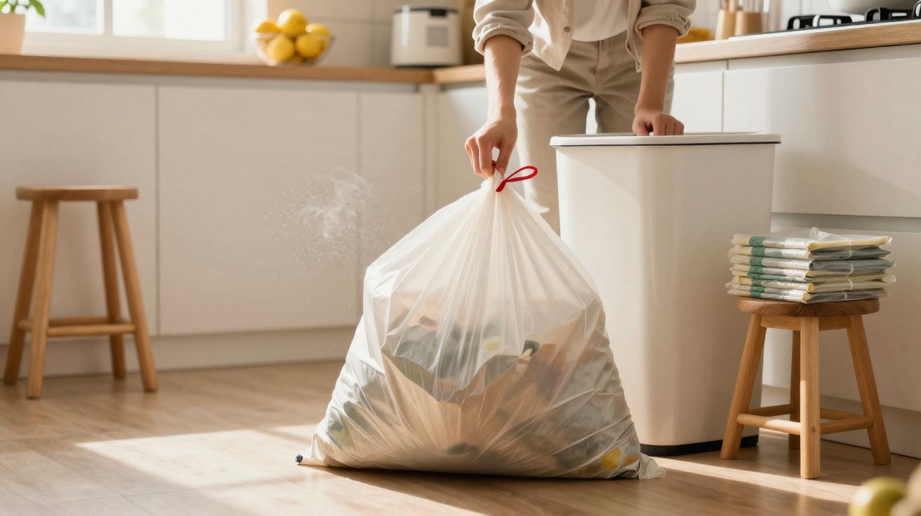 Personne jetant un sac poubelle rempli près d'une poubelle blanche dans une cuisine lumineuse.