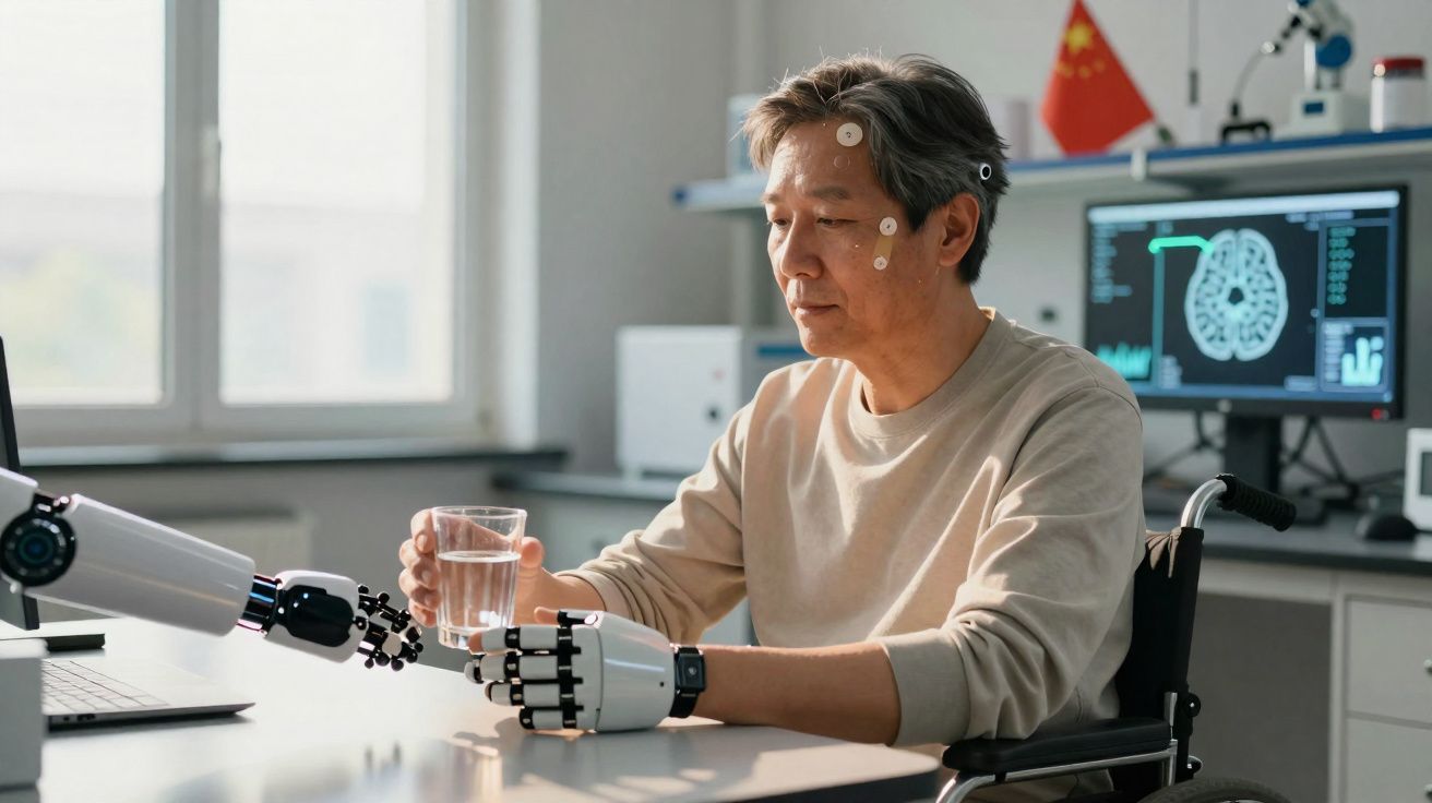 Homme en fauteuil roulant avec prothèse robotique reçoit un verre d'eau d'une main robotique en laboratoire.