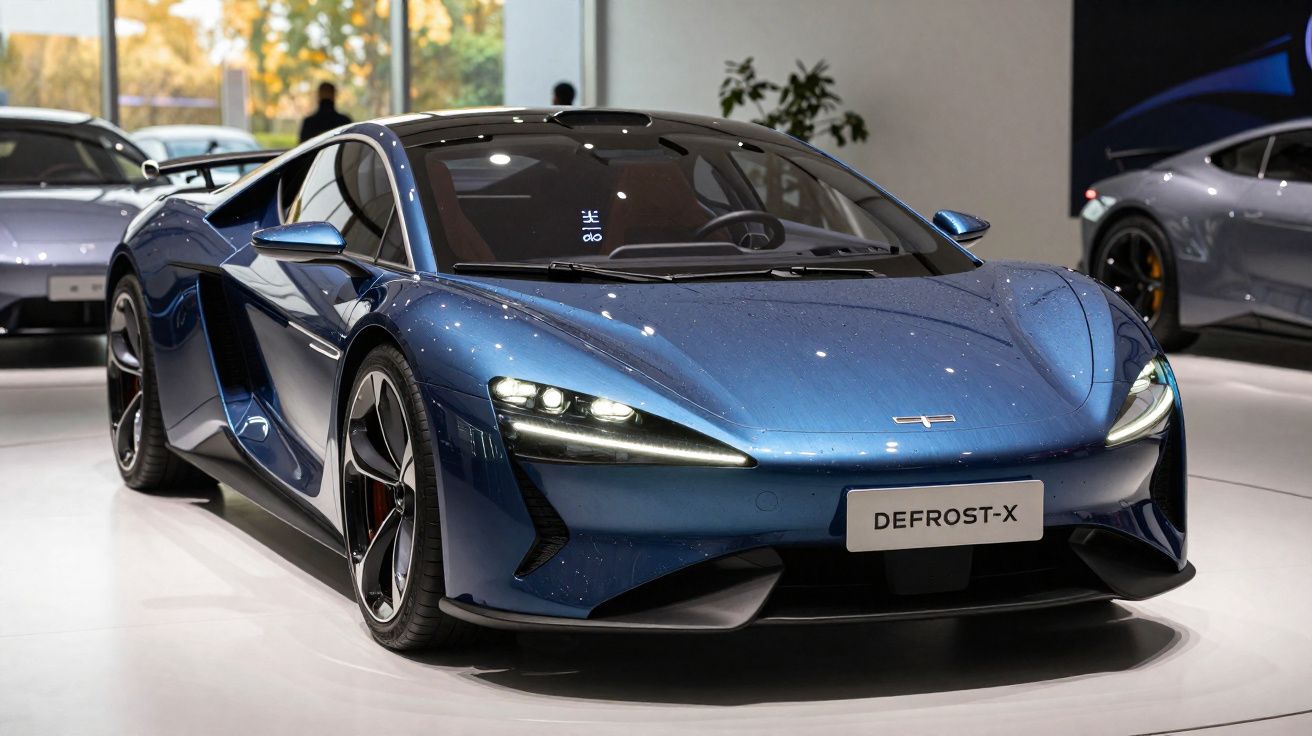 Voiture de sport électrique bleue métallisée DEFROST-X exposée dans un salon automobile moderne.