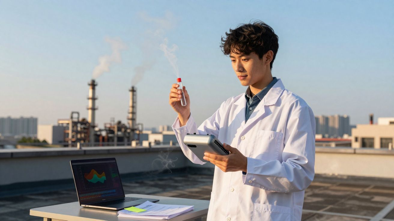 Jeune scientifique en blouse blanche analyse un échantillon en extérieur avec ordinateur et usine en arrière-plan.