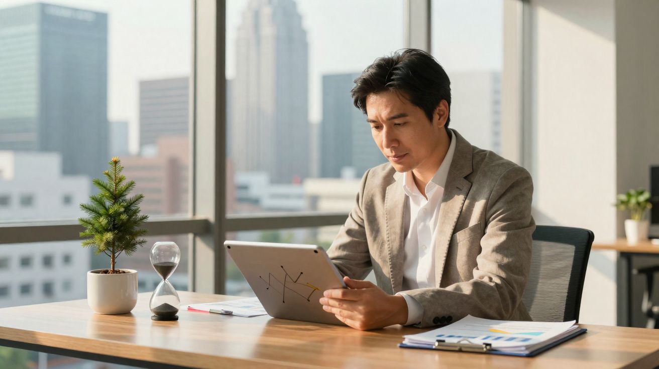 Homme en costume assis à un bureau, lisant une tablette avec un sablier et une petite plante à côté.