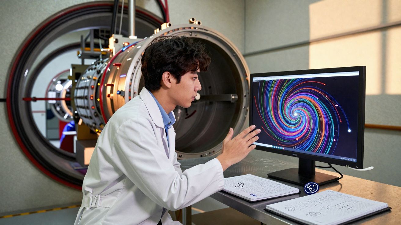 Chercheur en blouse blanche analysant des données colorées en spirale sur un écran devant un appareil scientifique.