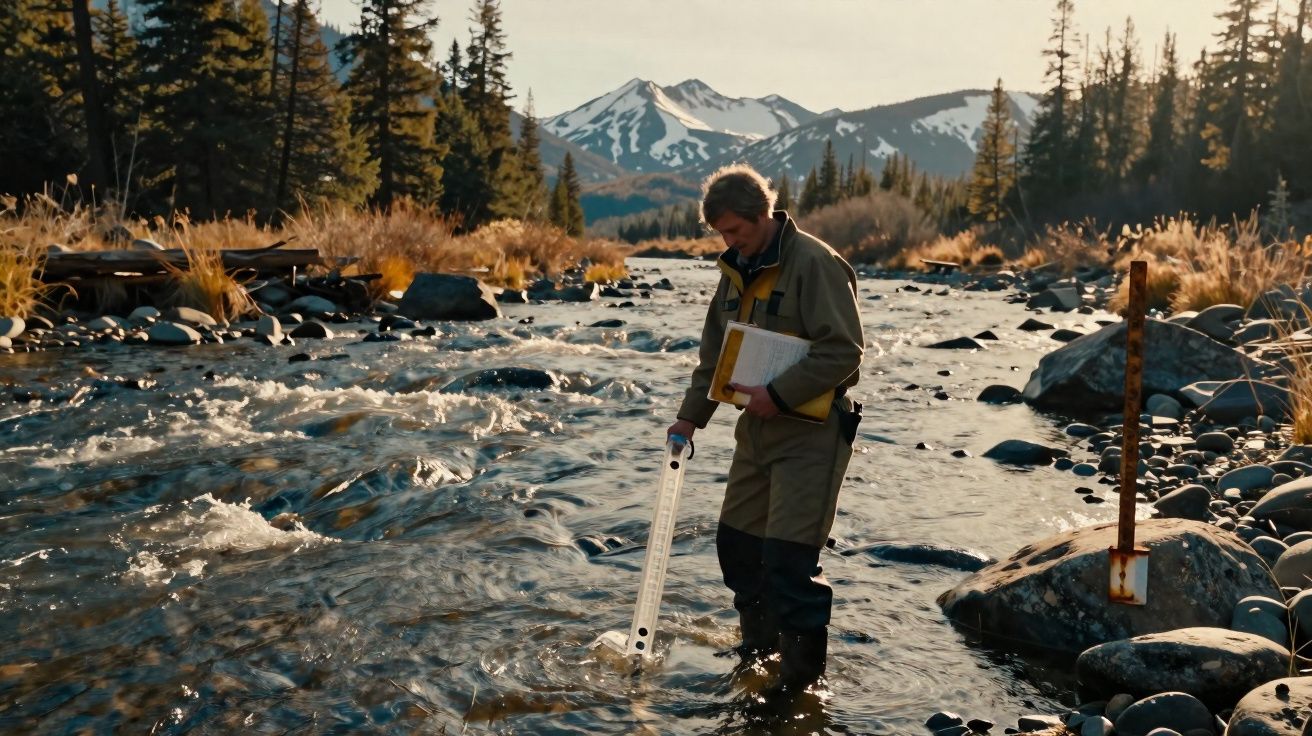 Personne en tenue de terrain mesure la profondeur d’une rivière avec un outil, montagnes enneigées en arrière-plan.