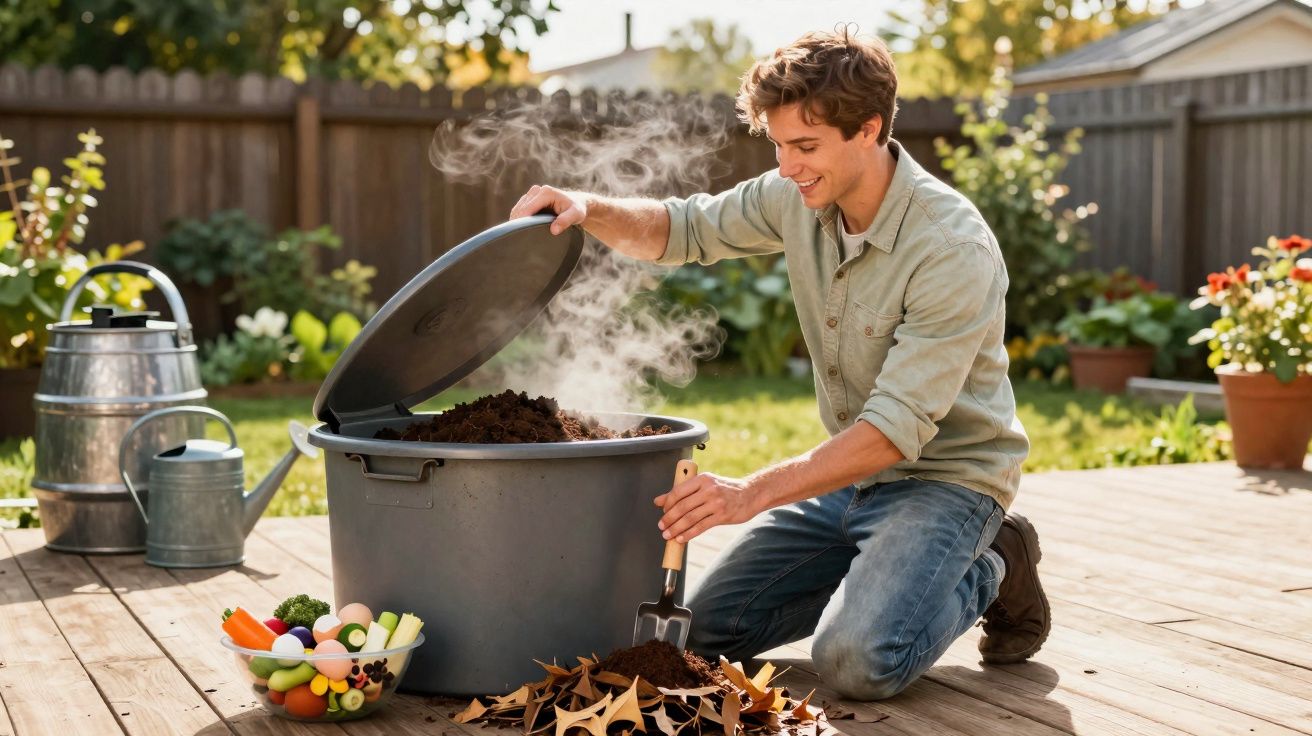 Jeune homme souriant préparant du compost dans un grand bac sur une terrasse ensoleillée avec des feuilles mortes.