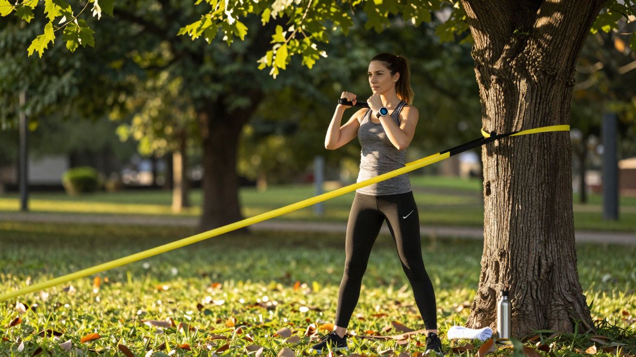 Femme en tenue de sport s’entraînant avec une bande élastique jaune attachée à un arbre dans un parc.