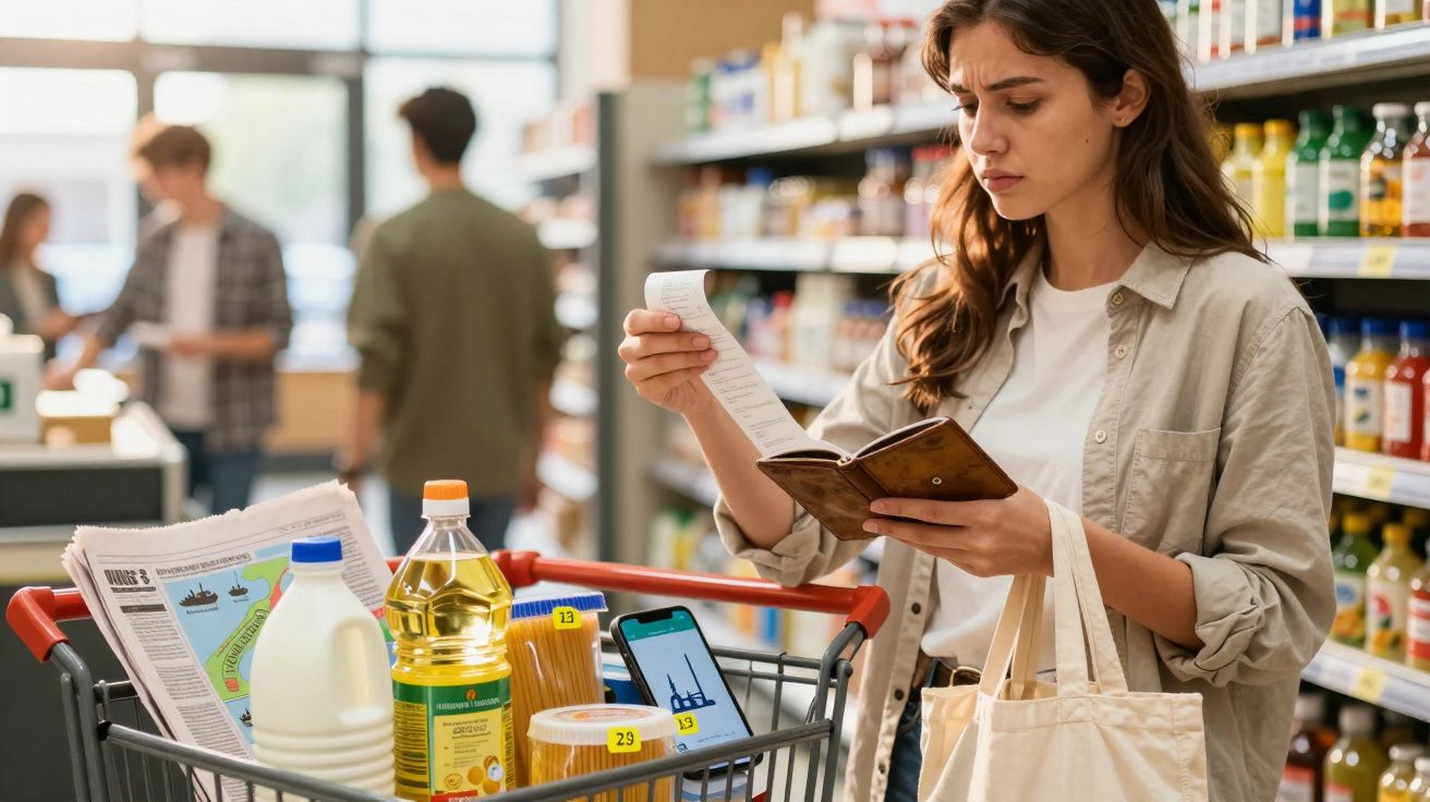 Femme au supermarché vérifiant son ticket de caisse avec un carnet, un caddie rempli de produits à ses côtés.