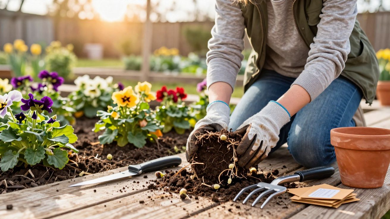 Personne en gants jardinant avec outils et fleurs colorées sur une terrasse en bois au soleil couchant.