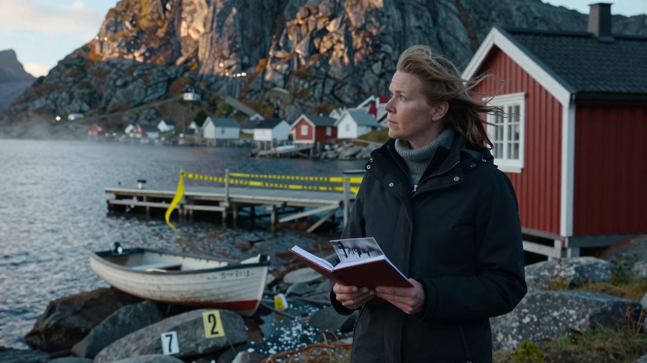 Femme en manteau noir tenant un carnet près d'un ponton, village côtier et montagnes en arrière-plan.