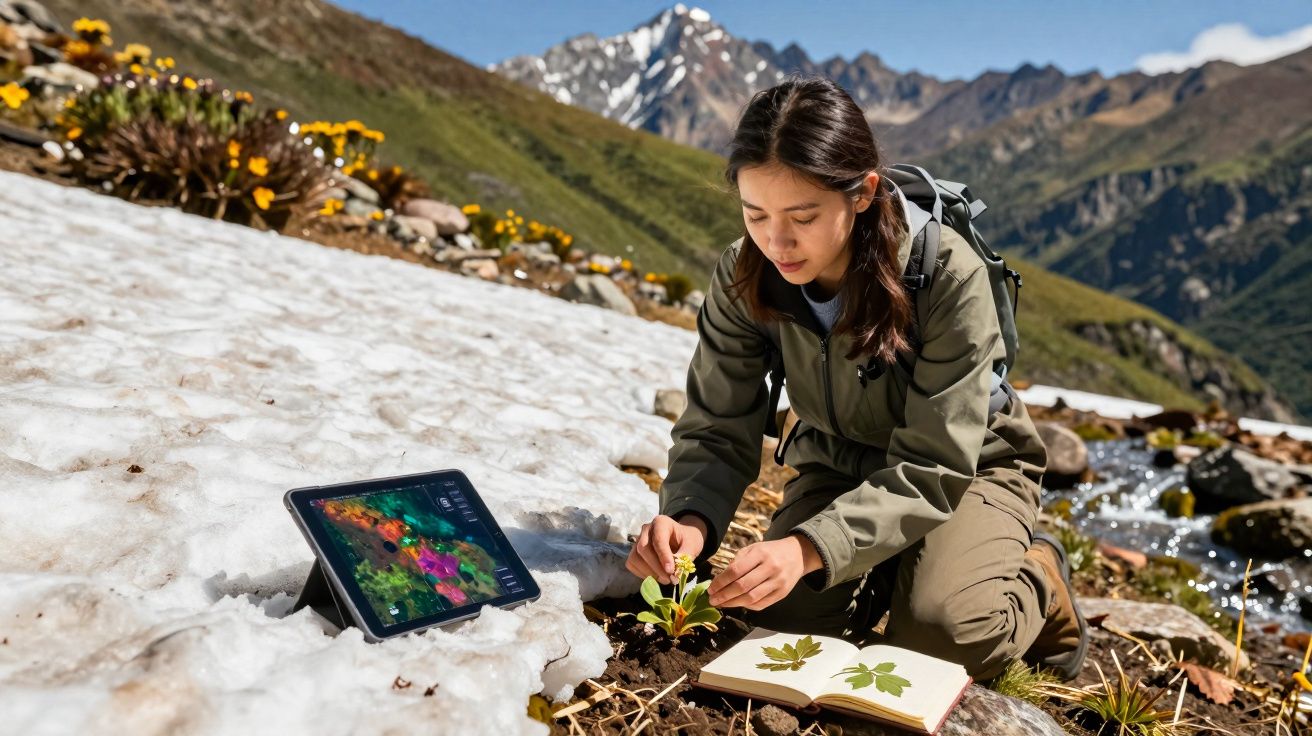 Femme observant une plante en montagne avec tablette et carnet près de la neige et d’un ruisseau.