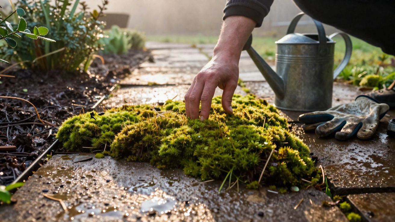 Main d’un jardinier ramassant de la mousse entre des dalles, avec un arrosoir et des gants posés à côté.