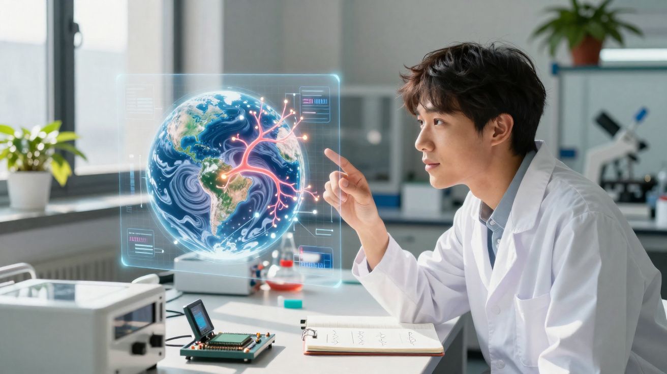 Jeune scientifique en blouse blanche interagissant avec une projection holographique de la Terre en laboratoire.