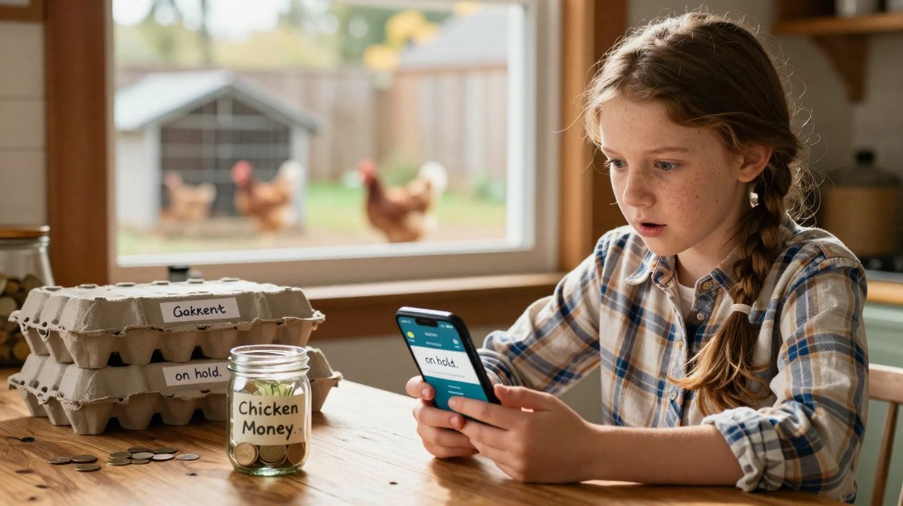 Jeune fille concentrée utilisant un téléphone à table avec des œufs et un bocal "Chicken Money" près de la fenêtre.