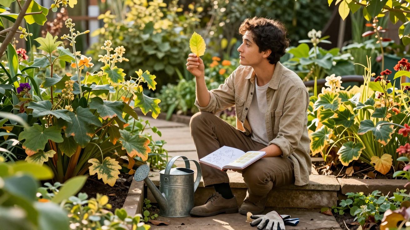 Jeune homme assis dans un jardin, tenant une feuille, avec un arrosoir et un carnet de notes.