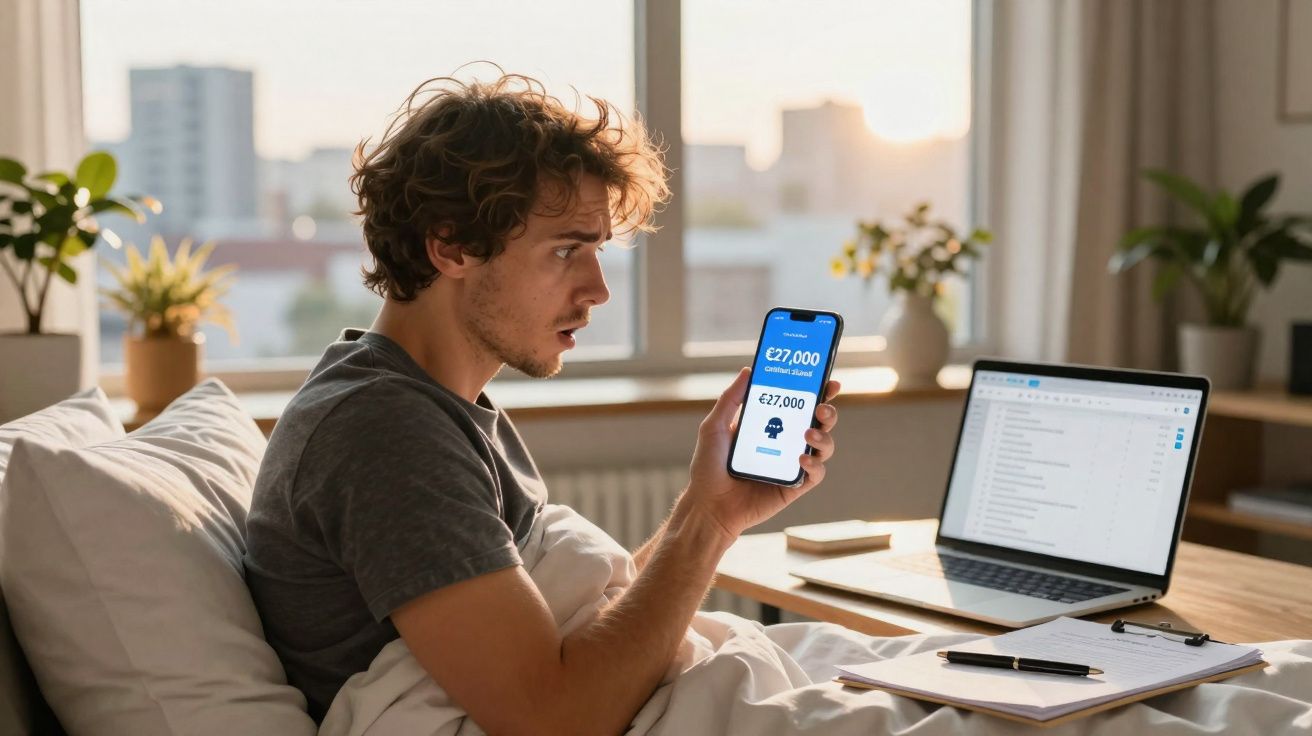 Jeune homme surpris regardant un smartphone affichant 27 000 € assis dans son lit avec un ordinateur portable.