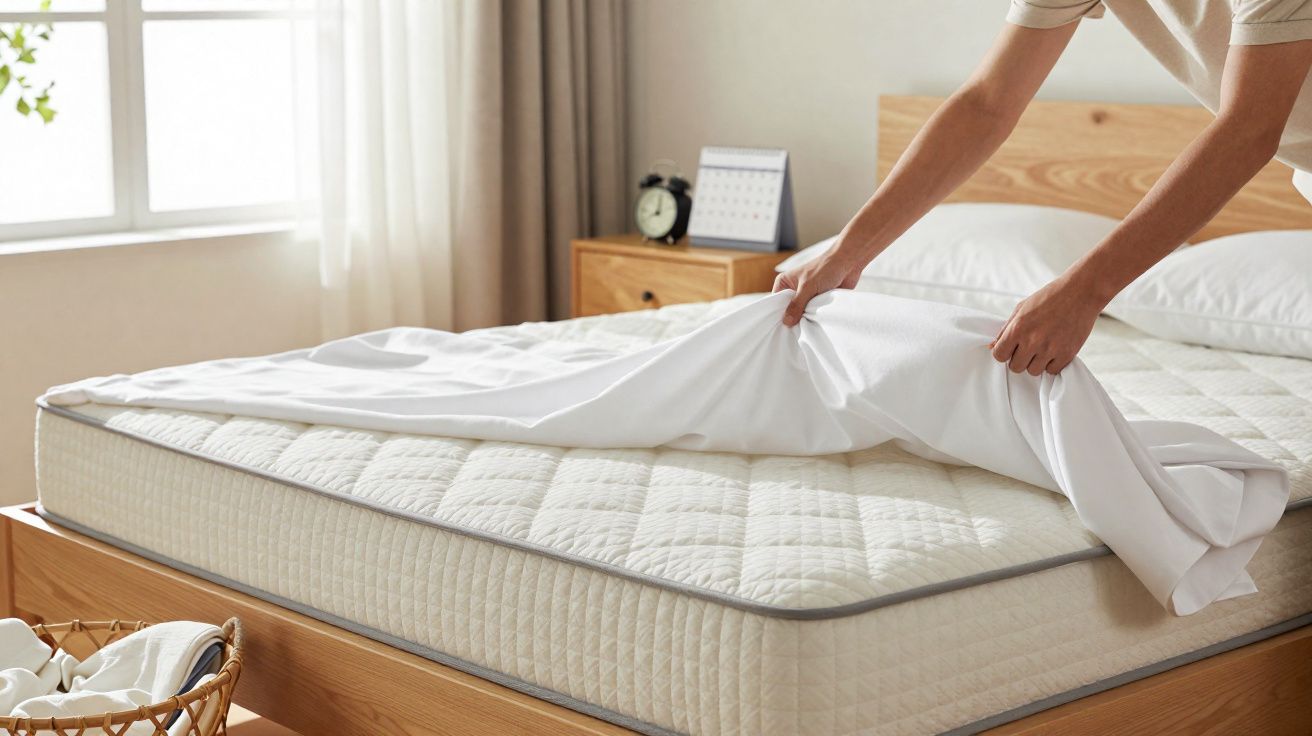 Personne en train de mettre un drap blanc sur un matelas dans une chambre lumineuse.