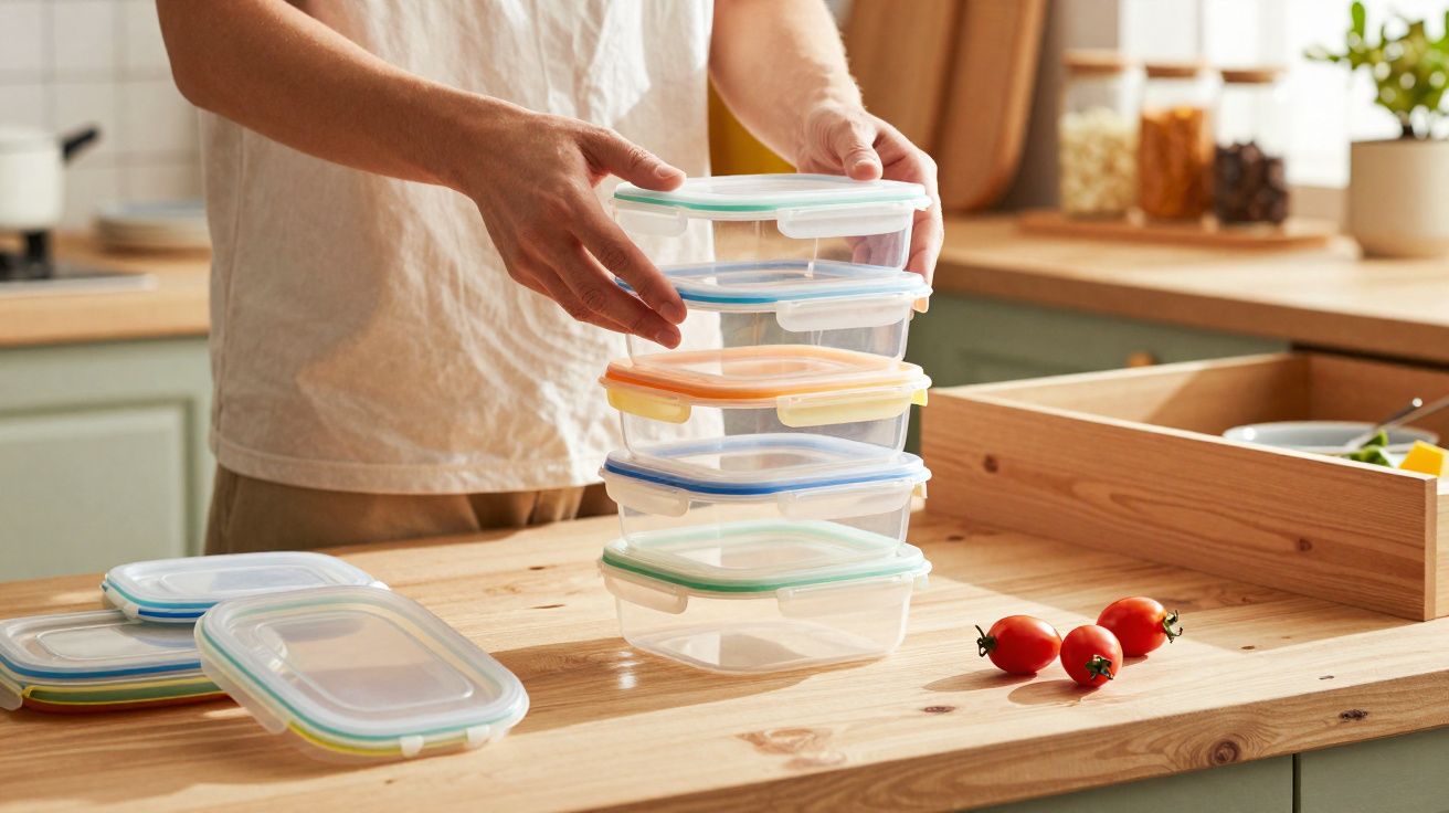 Personne empilant des boîtes de conservation en plastique transparent avec des couvercles colorés sur un plan de travail en b