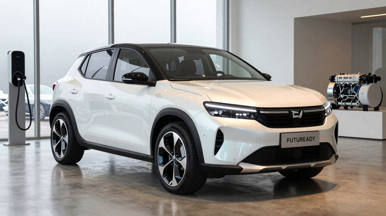 SUV électrique blanc garé à l'intérieur près d'une borne de recharge, modèle marqué "FUTUREADY" sur la plaque avant.