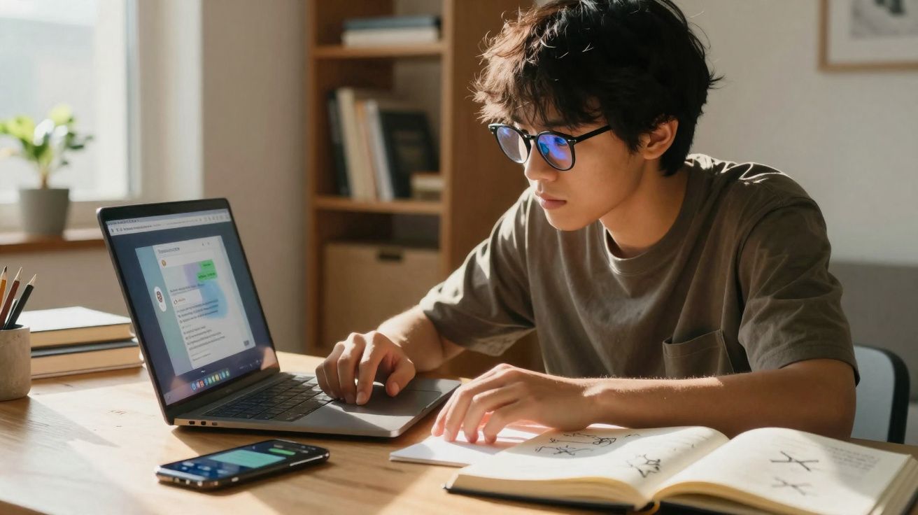 Jeune homme portant des lunettes travaillant sur un ordinateur portable avec un cahier ouvert et un téléphone à côté.