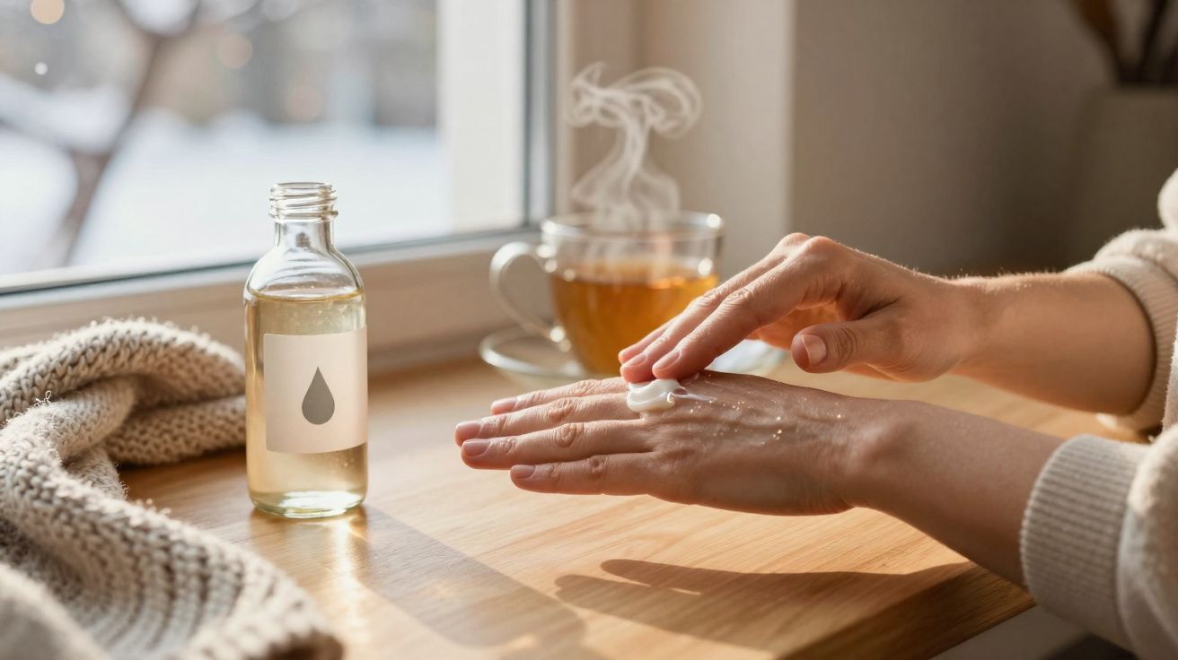 Une personne applique une crème hydratante sur ses mains près d'une tasse de thé fumant sur une table en bois.