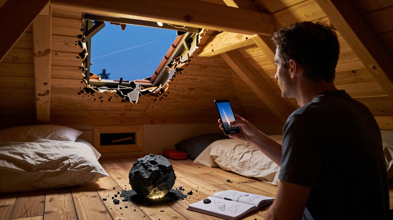 Homme utilisant un téléphone dans un grenier avec une fenêtre cassée et une météorite lumineuse sur le sol en bois.