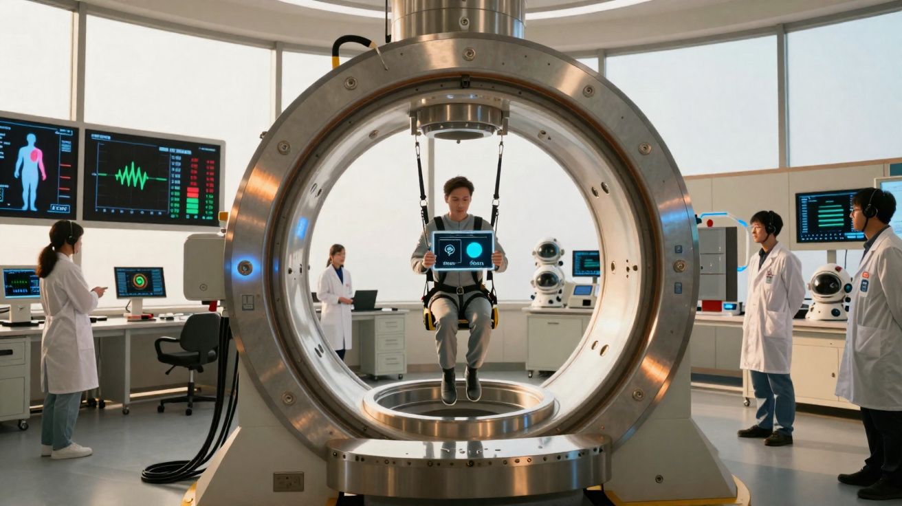 Personne suspendue dans un exosquelette au centre d'un appareil médical circulaire, entourée de scientifiques en blouse blanc