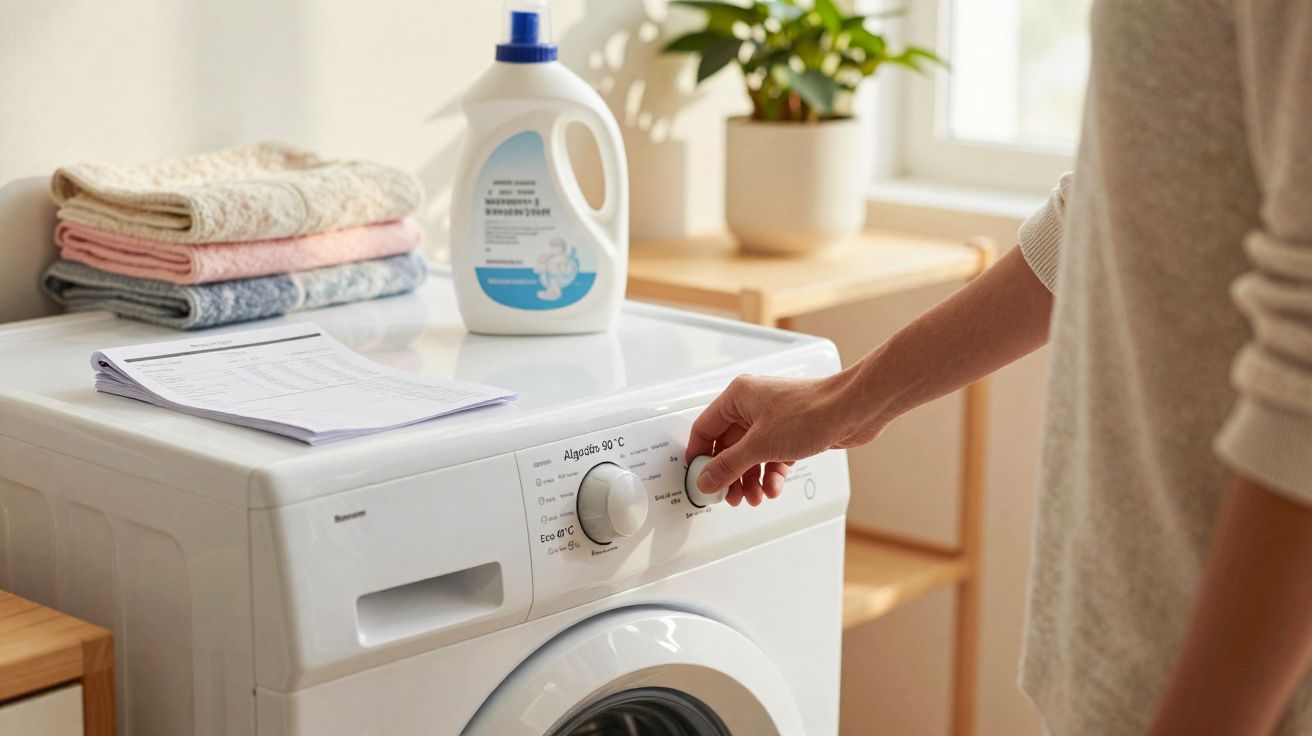 Personne réglant une machine à laver blanche avec lessive et serviettes pliées dessus.