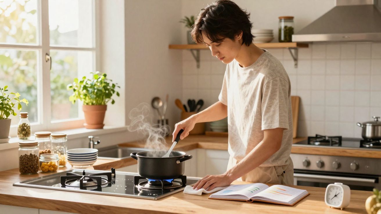 Jeune homme cuisine en suivant une recette dans une cuisine lumineuse et moderne.