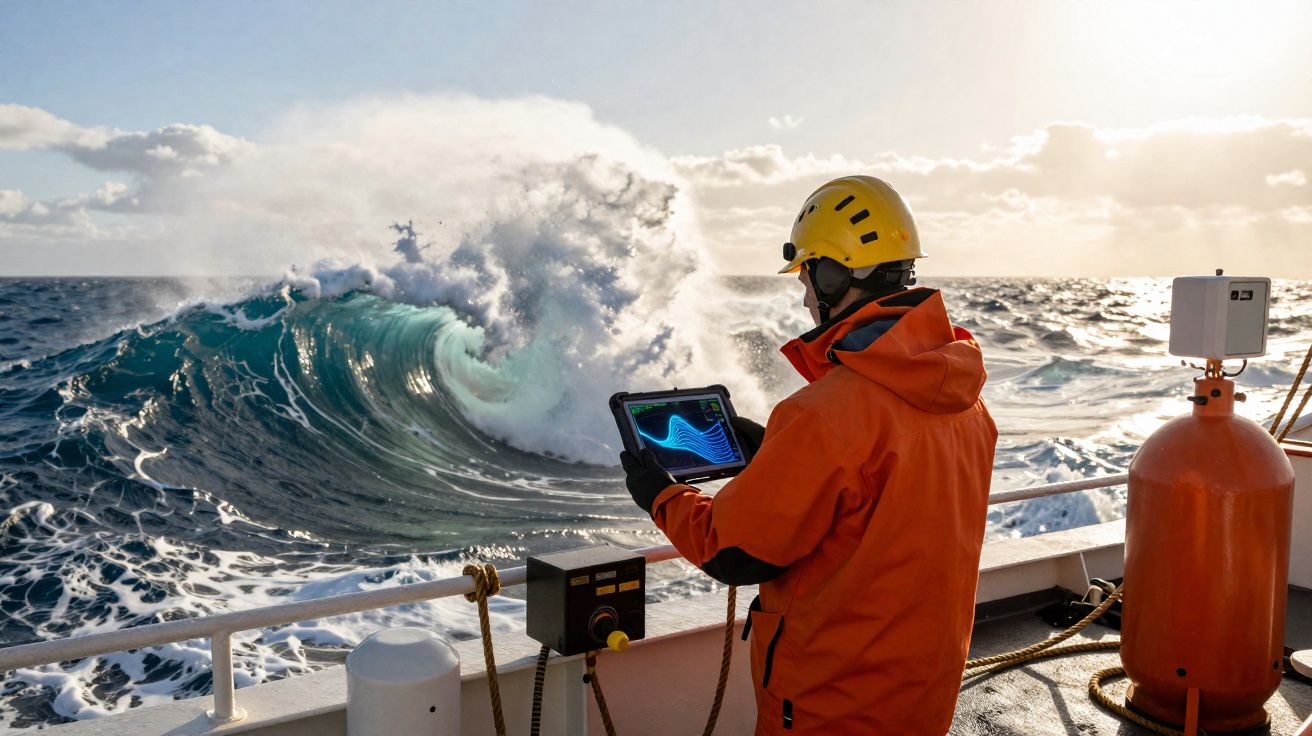 Scientifique en combinaison orange et casque jaune analysant des données sur une tablette en mer agitée.