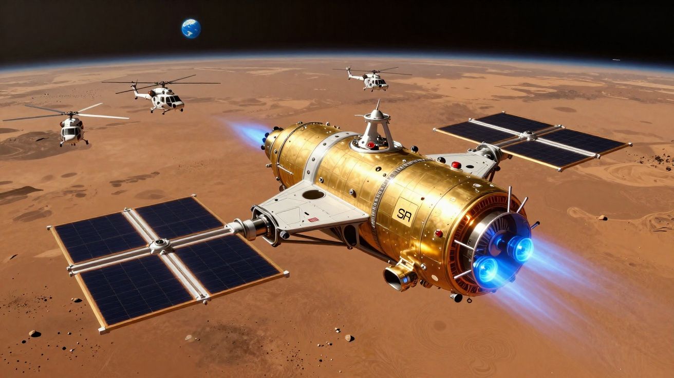 Satellite doré avec panneaux solaires survolant une planète rouge, accompagné d’hélicoptères, Terre visible au loin.