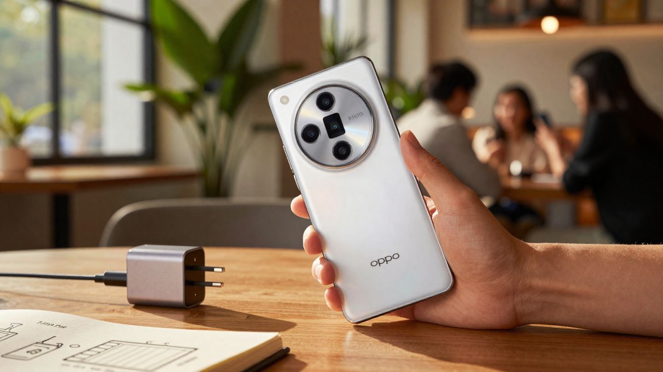 Main tenant un smartphone Oppo blanc avec triple appareil photo circulaire, chargeur et portable sur table en bois.