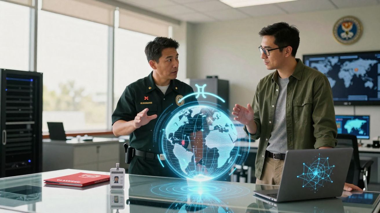 Deux hommes discutent devant une table avec un hologramme de globe terrestre en milieu professionnel.