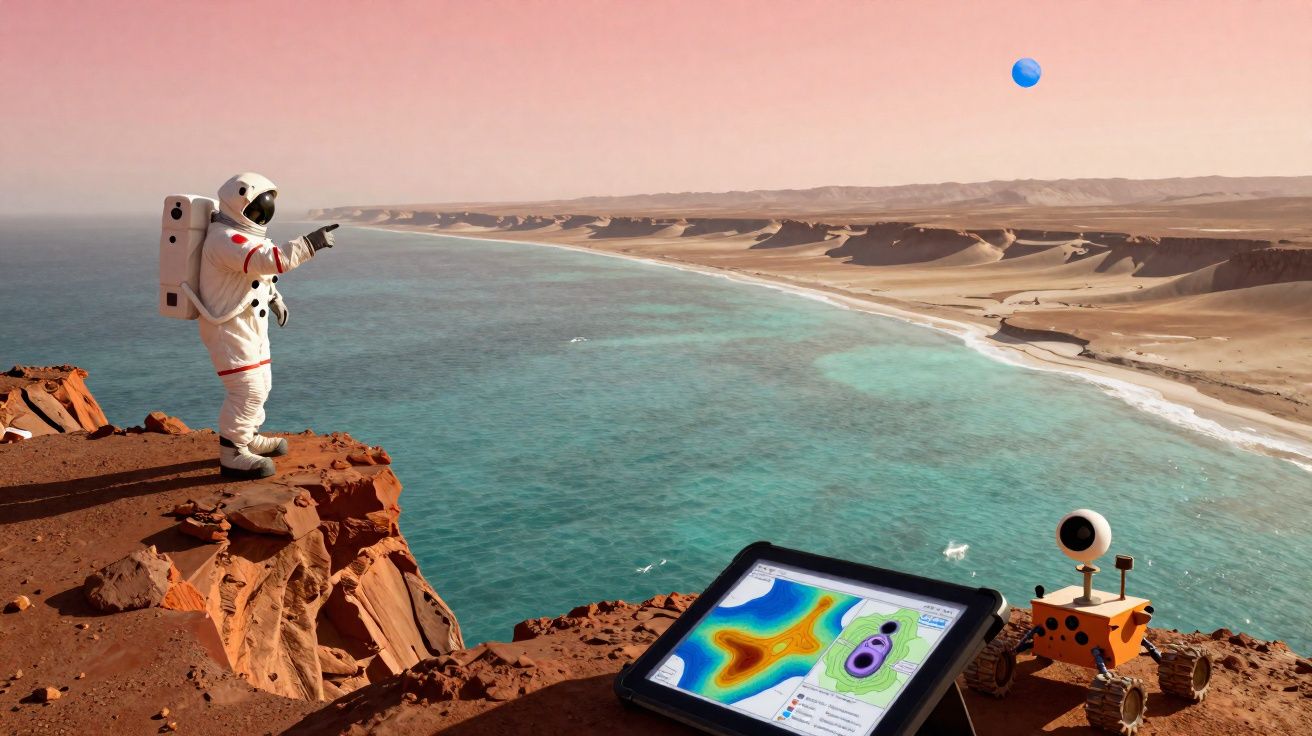 Astronaute sur une falaise martienne regardant vers une mer turquoise avec un robot et une tablette géologique.