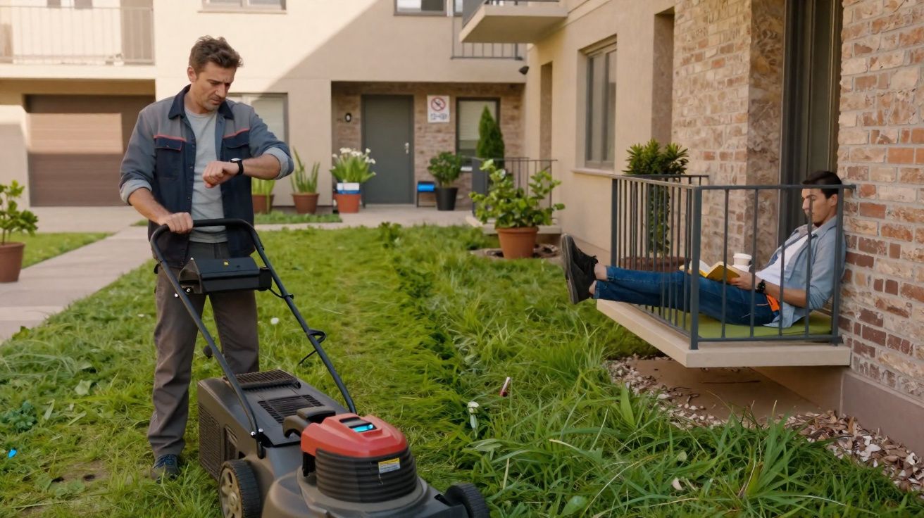 Un homme tond la pelouse pendant qu’un autre lit sur un balcon d’immeuble.