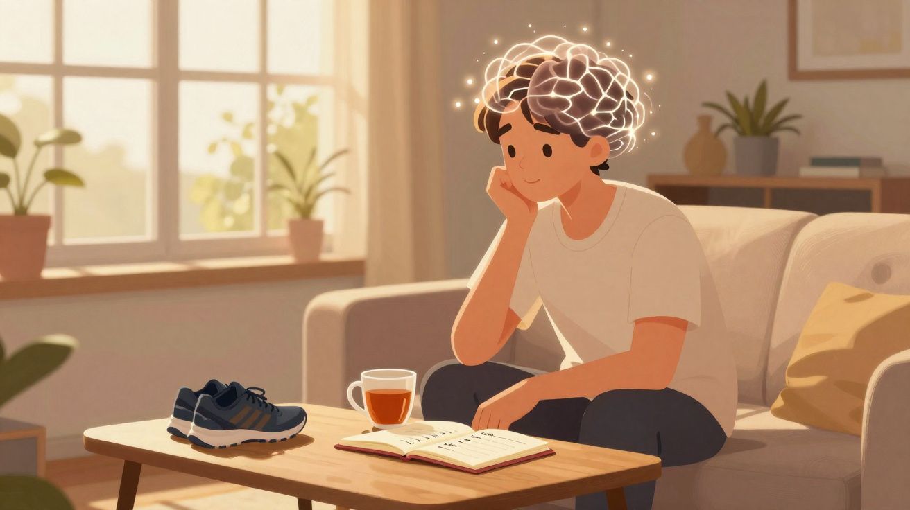 Jeune homme assis sur un canapé, réfléchissant avec un cerveau lumineux, livre ouvert et tasse de thé sur la table.