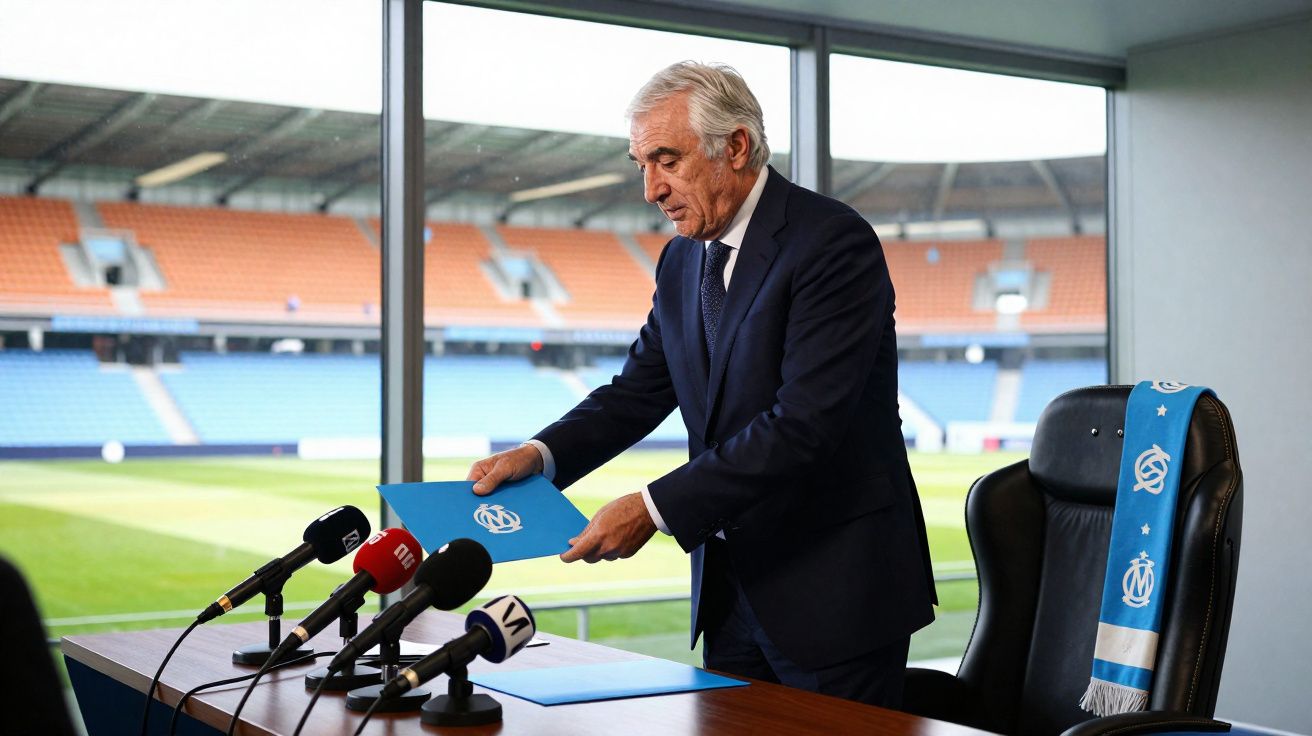Homme en costume préparant un dossier avec logo OM devant plusieurs micros dans un stade vide.