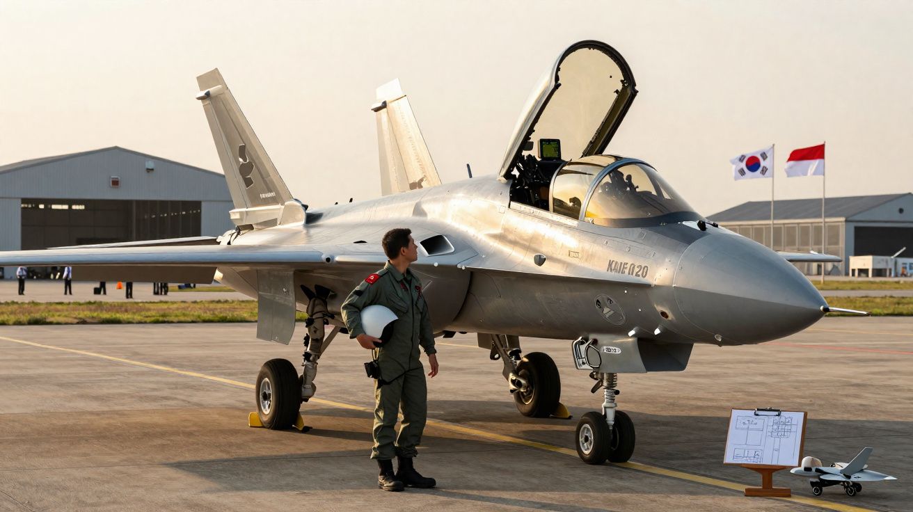 Un pilote en combinaison verte regarde un avion de chasse léger sur une piste avec drapeaux coréen et indonésien.