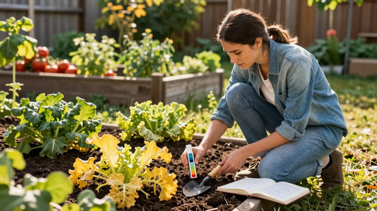 Femme en jean analysant le sol d’un potager avec un testeur de pH, carnet ouvert à côté d’elle.